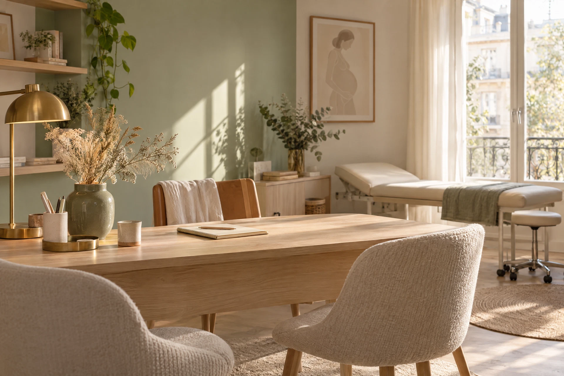 Espace de consultation de sage-femme décoré de bois clair et de détails dorés